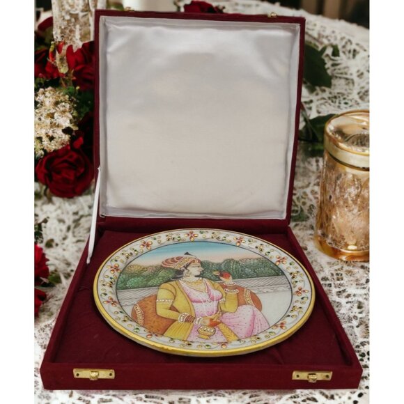 VTG Ornate Lady on Marble Hand Painted Decorative 9" Plate in Red Velvet - Picture 1 of 9